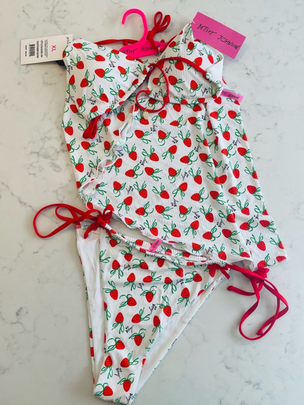 Betsey Johnson White Strawberry Print Bikini 3 piece Set with wrap  Red &GreenXL